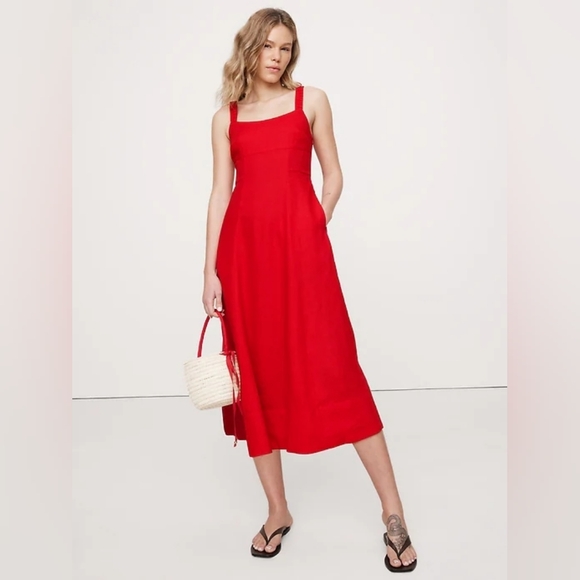 NWT Red Cherry Glaze Linen Square-Neck Midi Dress Size 10 By Banana Republic
